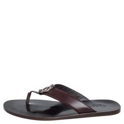 Pre Owned Gucci Brown Leather GG Thong Slide Sandals Size 43.5