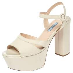 Pre Owned Prada Cream Patent Leather Platform Sandals Size 39.5