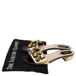 Pre Owned Fendi Metallic Gold Leather Studded Slide Sandals Size 36.5