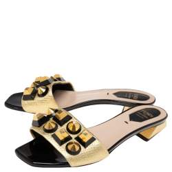 Pre Owned Fendi Metallic Gold Leather Studded Slide Sandals Size 36.5