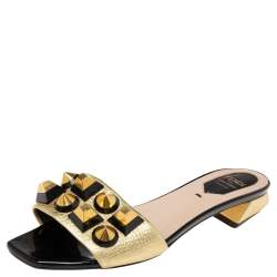 Pre Owned Fendi Metallic Gold Leather Studded Slide Sandals Size 36.5