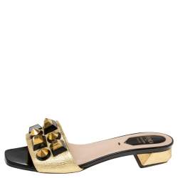 Pre Owned Fendi Metallic Gold Leather Studded Slide Sandals Size 36.5