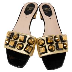 Pre Owned Fendi Metallic Gold Leather Studded Slide Sandals Size 36.5
