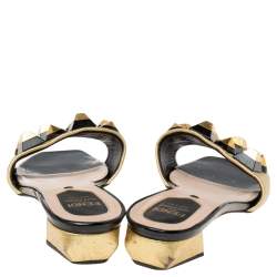 Pre Owned Fendi Metallic Gold Leather Studded Slide Sandals Size 36.5