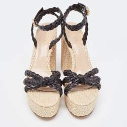 Pre Owned Gianvito Rossi Dark Brown Woven Leather and Raffia Ankle Strap Sandals Size 40