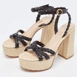 Pre Owned Gianvito Rossi Dark Brown Woven Leather and Raffia Ankle Strap Sandals Size 40