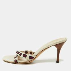 Gucci Off White Leather Cross Strap Web Slide Sandals Size 38
