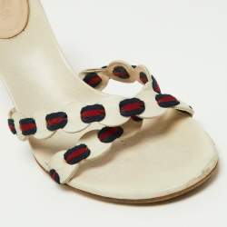 Gucci Off White Leather Cross Strap Web Slide Sandals Size 38