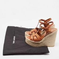 Pre Owned Saint Laurent Brown Leather Tribute Espadrille Wedge Sandals 37.5