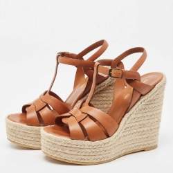 Pre Owned Saint Laurent Brown Leather Tribute Espadrille Wedge Sandals 37.5