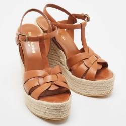 Pre Owned Saint Laurent Brown Leather Tribute Espadrille Wedge Sandals 37.5