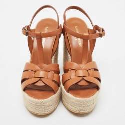 Pre Owned Saint Laurent Brown Leather Tribute Espadrille Wedge Sandals 37.5