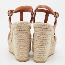 Pre Owned Saint Laurent Brown Leather Tribute Espadrille Wedge Sandals 37.5