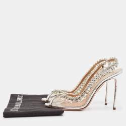 Pre Owned Aquazzura Silver PVC And Leather Temptation Crystal Sandals Size 38