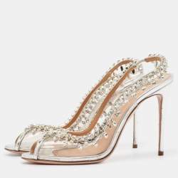 Pre Owned Aquazzura Silver PVC And Leather Temptation Crystal Sandals Size 38