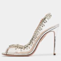 Pre Owned Aquazzura Silver PVC And Leather Temptation Crystal Sandals Size 38
