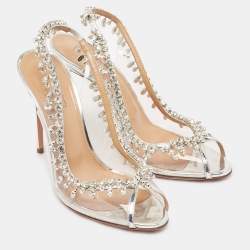 Pre Owned Aquazzura Silver PVC And Leather Temptation Crystal Sandals Size 38