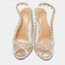 Pre Owned Aquazzura Silver PVC And Leather Temptation Crystal Sandals Size 38