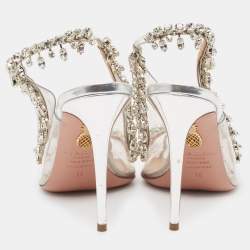 Pre Owned Aquazzura Silver PVC And Leather Temptation Crystal Sandals Size 38
