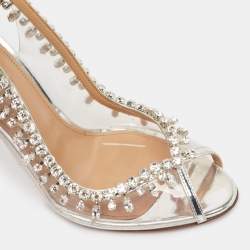 Pre Owned Aquazzura Silver PVC And Leather Temptation Crystal Sandals Size 38