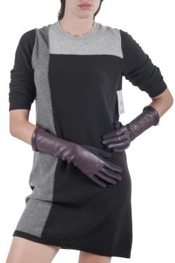 Lanvin Burgundy/Navy Leather Wool Long Gloves