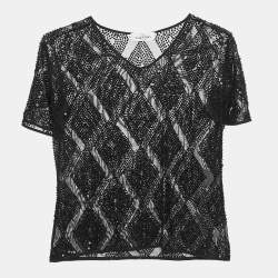 Pre Owned Valentino Miss V Black Sequin Embellished Jersey Top M