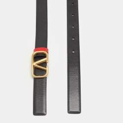 Pre Owned Valentino Black/Red Leather Vlogo Slim Buckle Belt 75CM