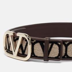 مملوكة مسبقًا Valentino Brown/Beige Iconographe Canvas and Leather VLogo Reversible Belt 75CM