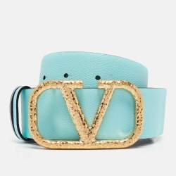 Pre Owned Valentino Green/Turquoise Leather VLogo Reversible Belt 100CM