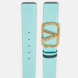 Pre Owned Valentino Green/Turquoise Leather VLogo Reversible Belt 100CM
