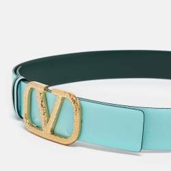 Pre Owned Valentino Green/Turquoise Leather VLogo Reversible Belt 100CM