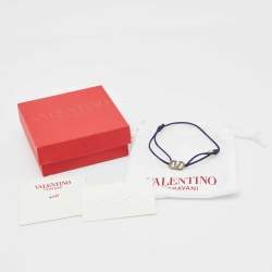 Pre Owned Valentino VLogo Signature Blue Crystal-Embellished Gold Tone Cord Bracelet