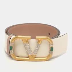 Valentino Cream Leather VLOGO Crystal  Embellished Buckle Belt 70CM