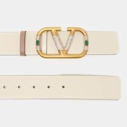 Valentino Cream Leather VLOGO Crystal  Embellished Buckle Belt 70CM