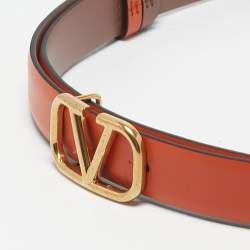 Valentino Orange/Beige Leather Vlogo Slim Buckle Belt 80CM