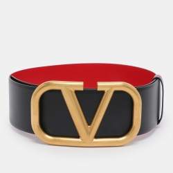 Pre Owned Valentino Black/Red Leather VLogo Wide Waist Belt 70CM