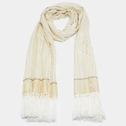 Pre Owned Valentino Gold Monogram Lurex Jacquard Fringed Scarf