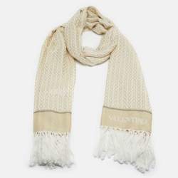 مملوكة مسبقًا Valentino Gold/Ivory V Logo Lurex Cotton Fringed Shawl