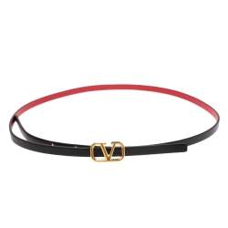 Valentino Black/Red Leather Reversible Narrow V Logo Belt 70CM