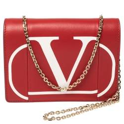 Valentino Red Leather VLOGO Inlay Chain Pouch Bag