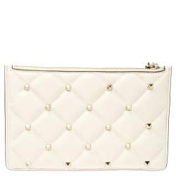Valentino Light Ivory Quilted Leather Medium Candystud Flat Pouch