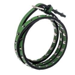 Valentino Green Leather Mini Rockstud Gunmetal Tone Triple Wrap Bracelet