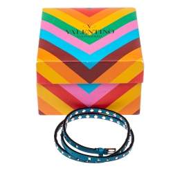 Pre Owned سوار فالنتينو جلد أزرق ميني روكستد معدن رصاصي إلتفاف ثلاثي