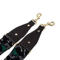 Pre Owned Valentino Green/Black Fabric and Leather Camupanther Embroidery Guitar Bag Strap
