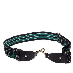 Pre Owned Valentino Green/Black Fabric and Leather Camupanther Embroidery Guitar Bag Strap
