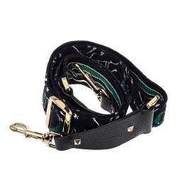 Pre Owned Valentino Green/Black Fabric and Leather Camupanther Embroidery Guitar Bag Strap
