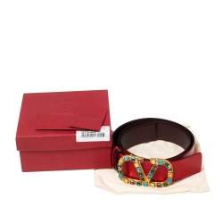 Valentino Red/Burgundy Leather VLOGO Jewel Embellished Buckle Reversible Belt 90CM