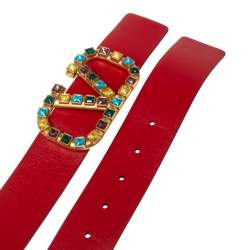 Valentino Red/Burgundy Leather VLOGO Jewel Embellished Buckle Reversible Belt 90CM