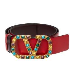 Valentino Red/Burgundy Leather VLOGO Jewel Embellished Buckle Reversible Belt 90CM