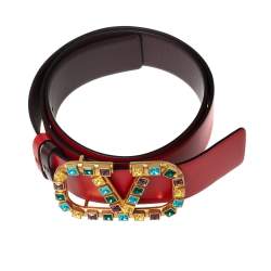 Valentino Red/Burgundy Leather VLOGO Jewel Embellished Buckle Reversible Belt 90CM